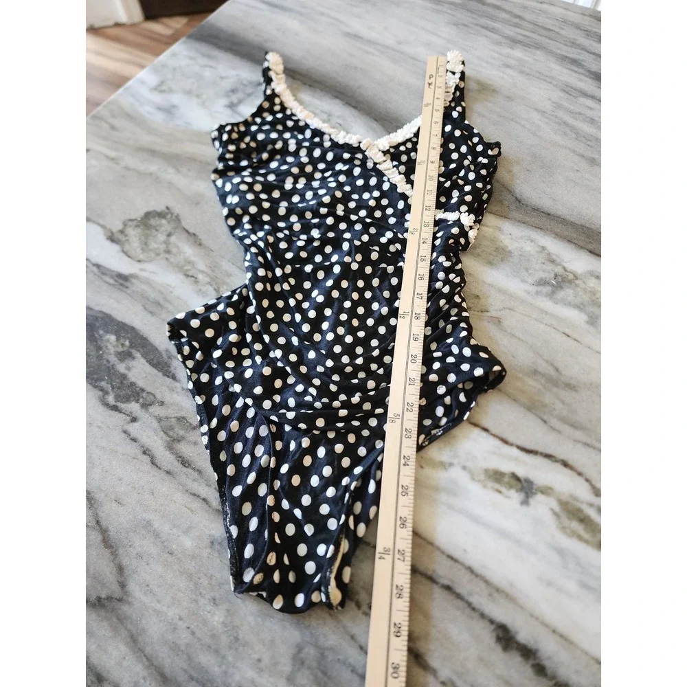 VTG 90s Polka Dot One Piece High Cut Swimsuit Retro Pin Up Daisy Crochet Trim